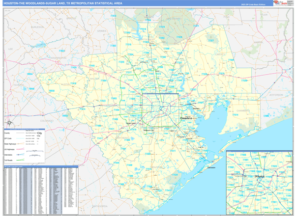 Houston-The Woodlands-Sugar Land Metro Area Wall Map Basic Style